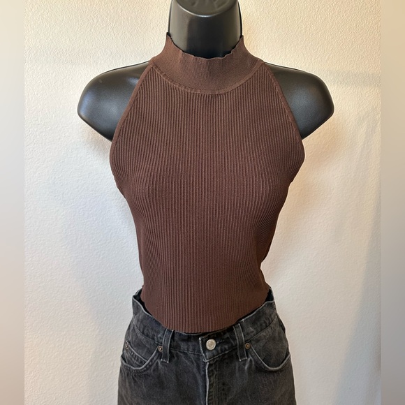 Aritzia Babaton Sculpt Knit Mockneck Halter Top Chocolate Brown - Picture 2 of 15